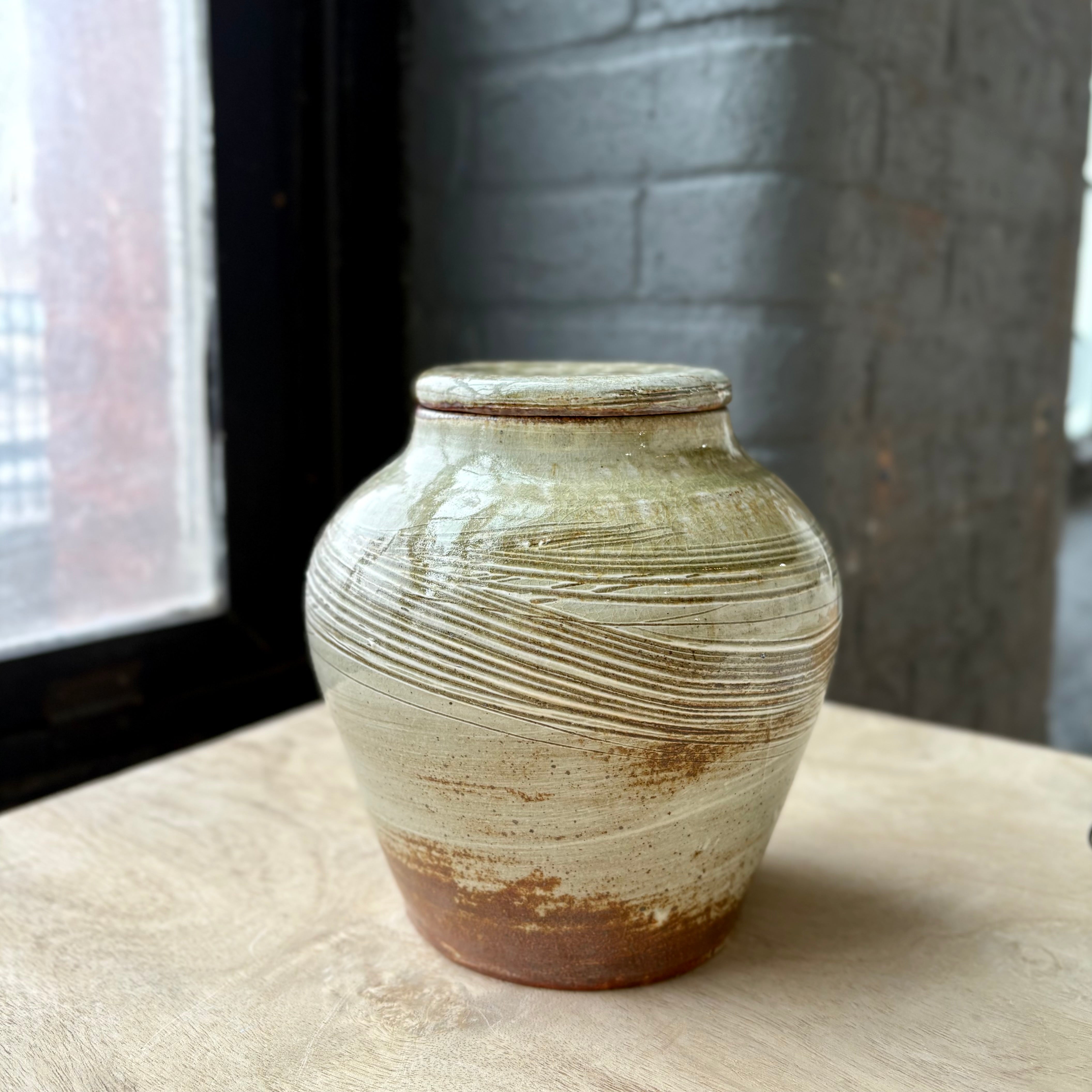 Brandon Hale Wood-Fired Lidded Jar | White Slip, Celadon Interior