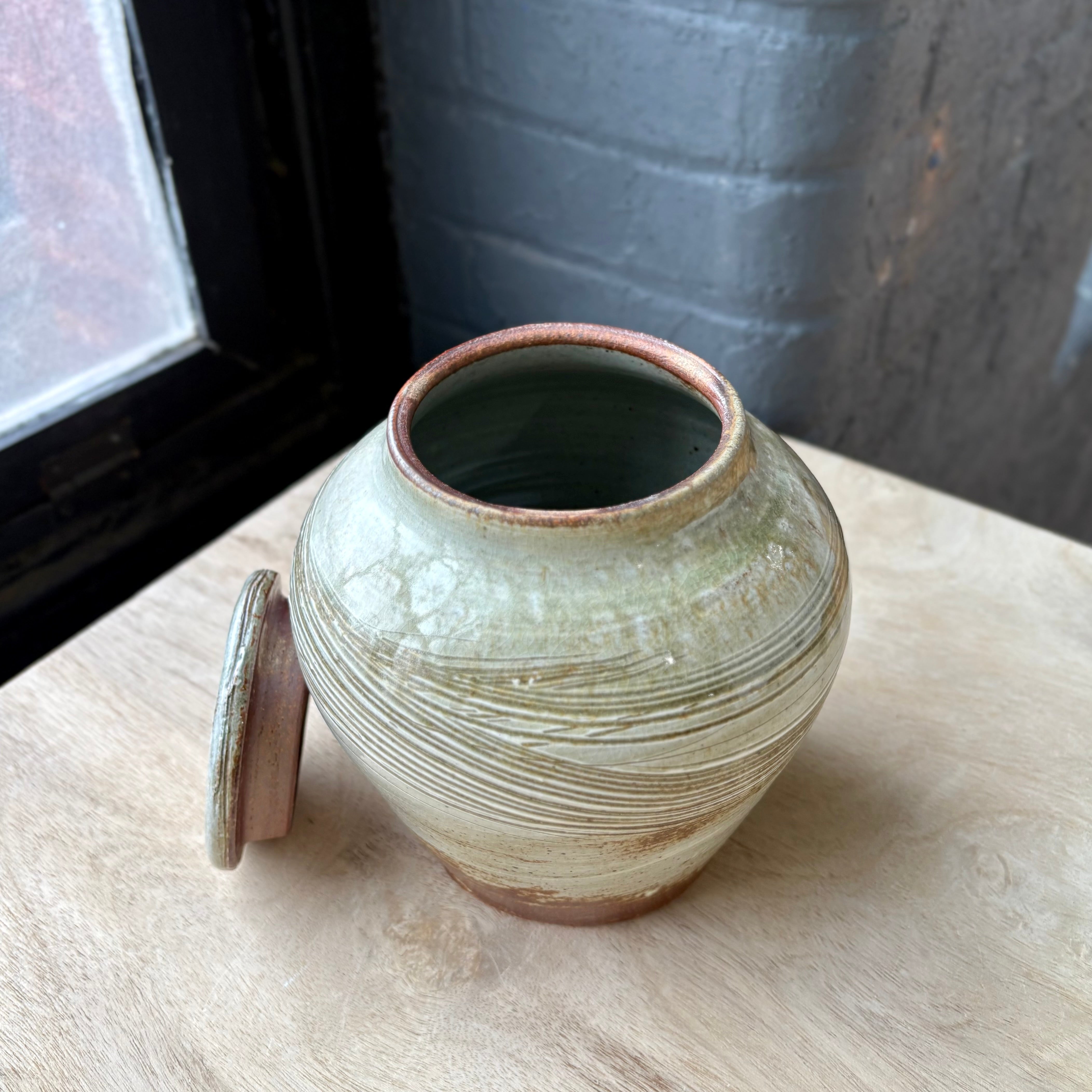 Brandon Hale Wood-Fired Lidded Jar | White Slip, Celadon Interior